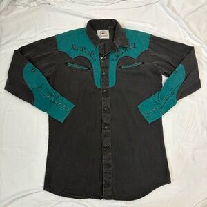 Vintage Mid West Garment Co Embroidered Western Shirt Pearl Snaps Black and Teal